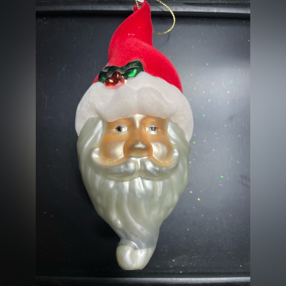 Mervyns 2006 Flocked Santa Face & Hat Glass Ornament Lg 7”